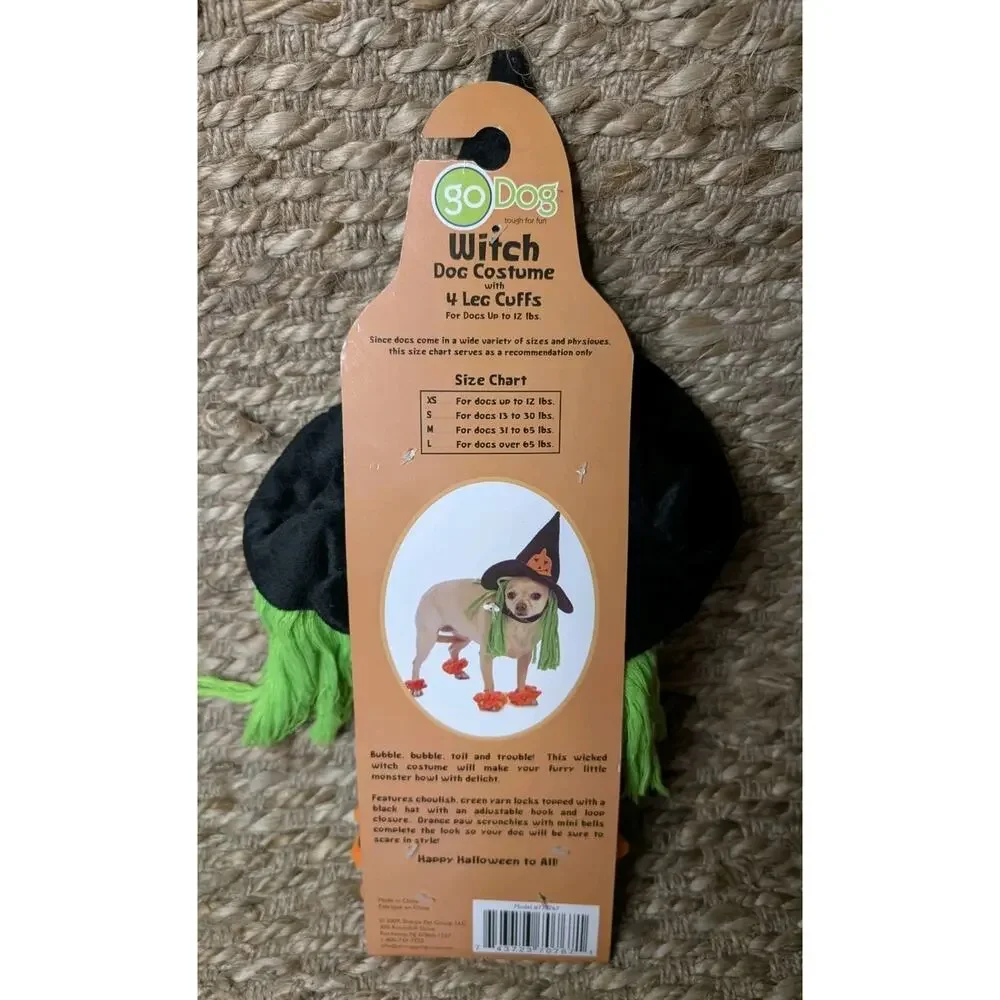 GoDog Witch Halloween Costume Dogs XS (Up To 12 lb) Hat & 4 Paw Scrunchies Bells
